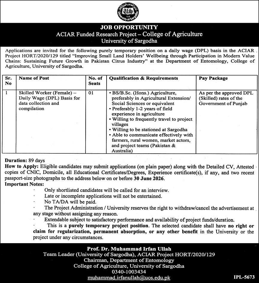 University Of Sargodha UOS Jobs 2026 — original advertisement
