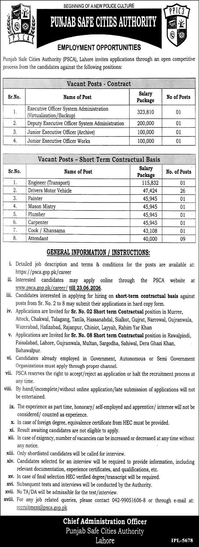 Punjab Safe Cities Authority PSCA Jobs 2026 — original advertisement