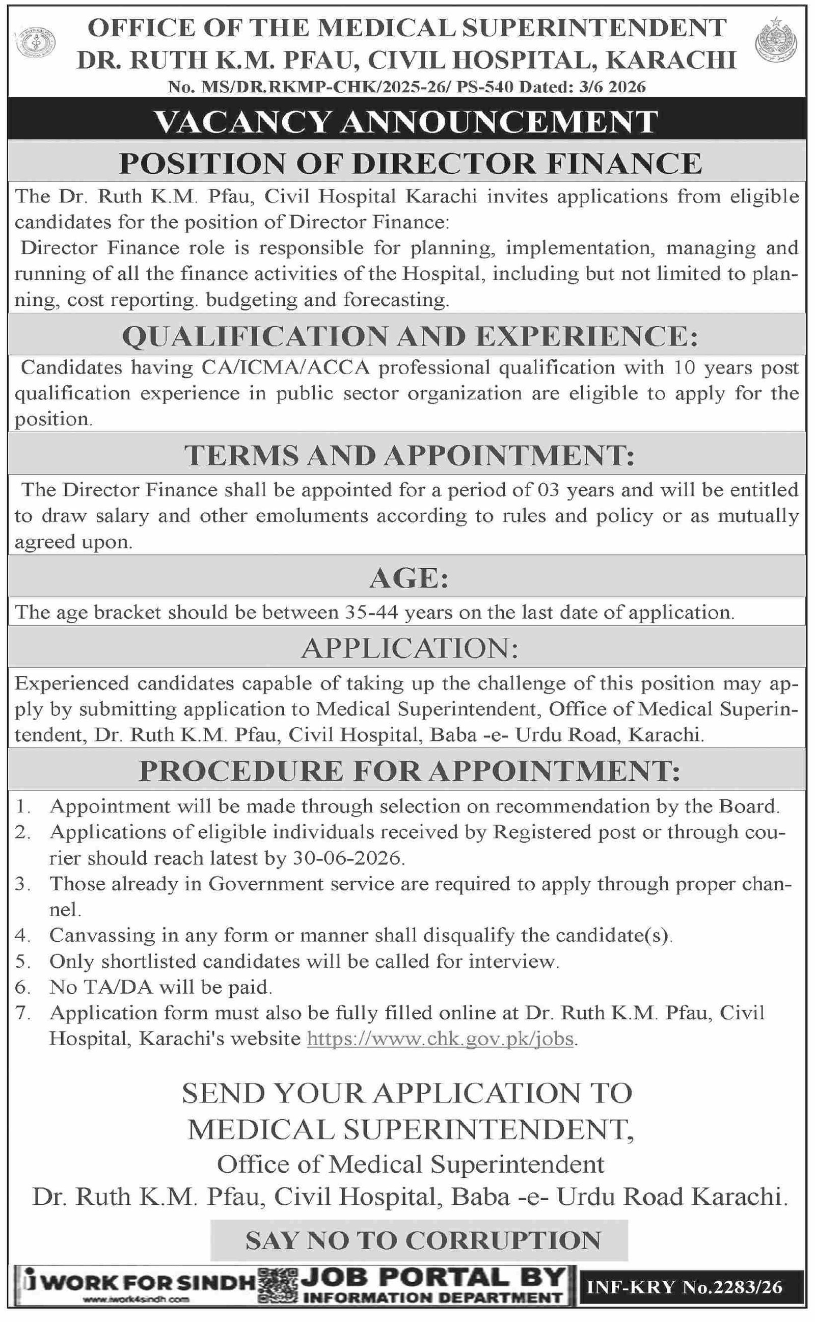 Dr Ruth K M Pfau Civil Hospital Karachi Jobs 2026 — original advertisement