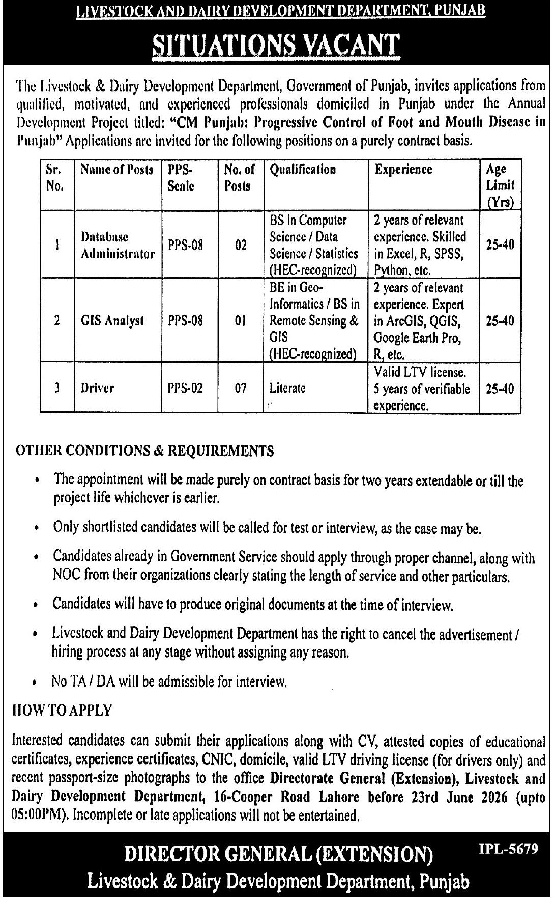 Livestock & Dairy Development Department Punjab Jobs 2026 — original advertisement