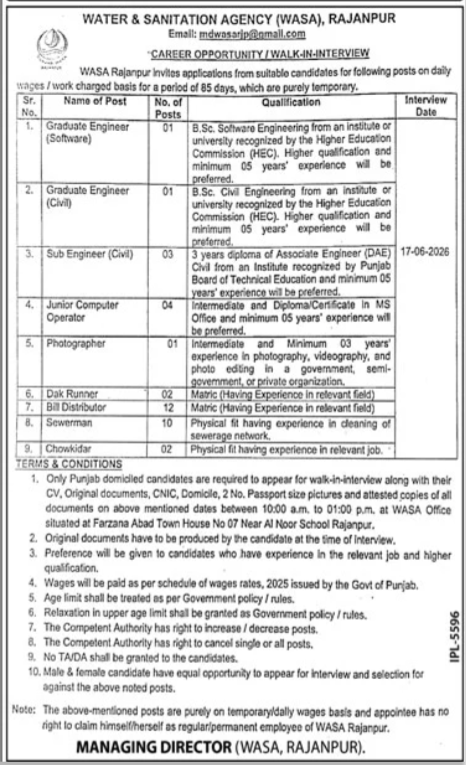 Water and Sanitation Agency WASA Rajanpur Jobs 2026 — original advertisement