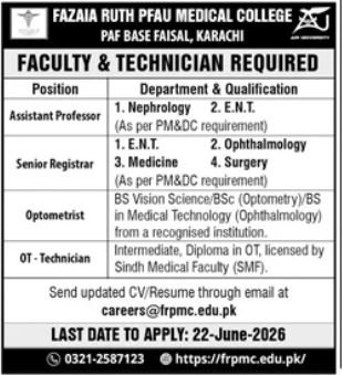 Fazaia Ruth PFAU Medical College Jobs 2026 — original advertisement