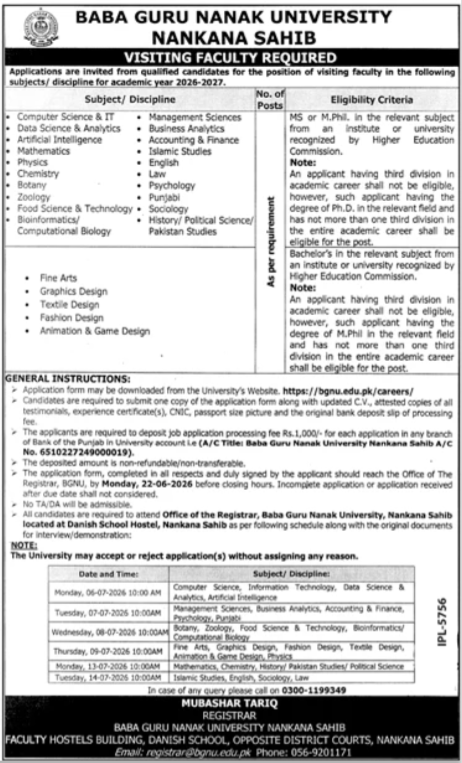 Baba Guru Nanak University Nankana Sahib Jobs 2026 — original advertisement
