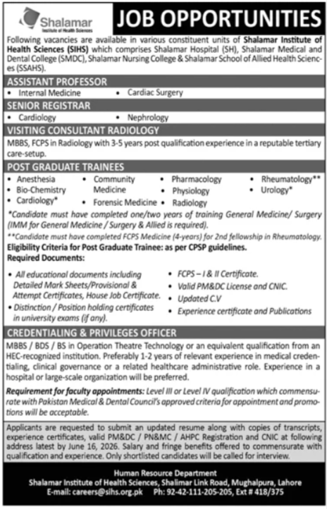 Shalamar Institute Of Health Sciences Lahore Jobs 2026 — original advertisement