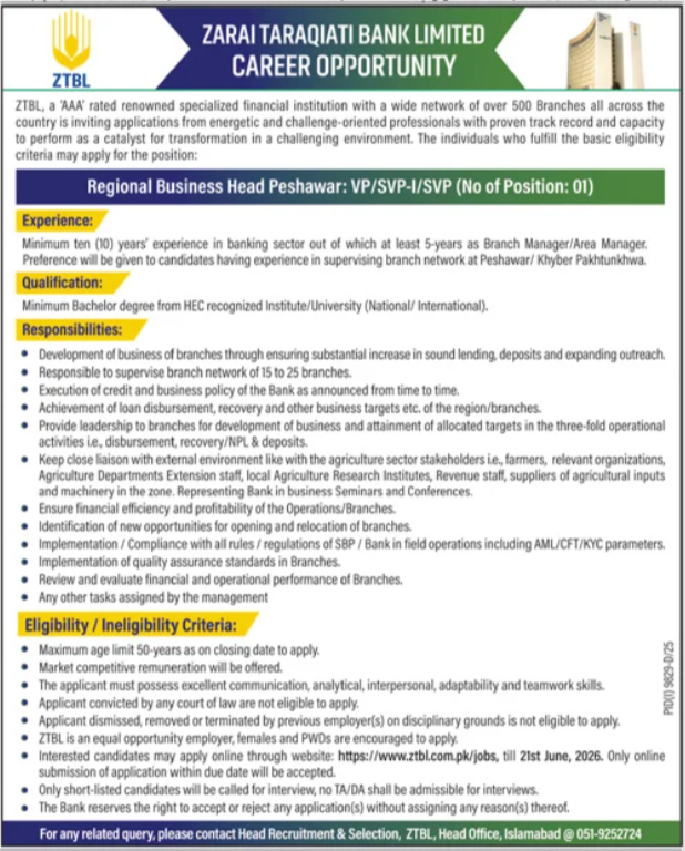 Zarai Taraqiati Bank Limited ZTBL Islamabad Jobs 2026 — original advertisement