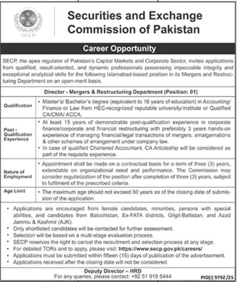 Securities And Exchange Commission Islamabad Jobs 2026 — original advertisement