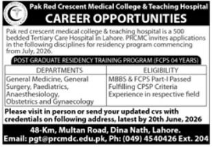 Pak Red Crescent Medical & Dental College Lahore Job 2026 — original advertisement