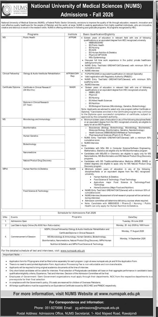 Admission Open in National University of Medical Sciences — original advertisement