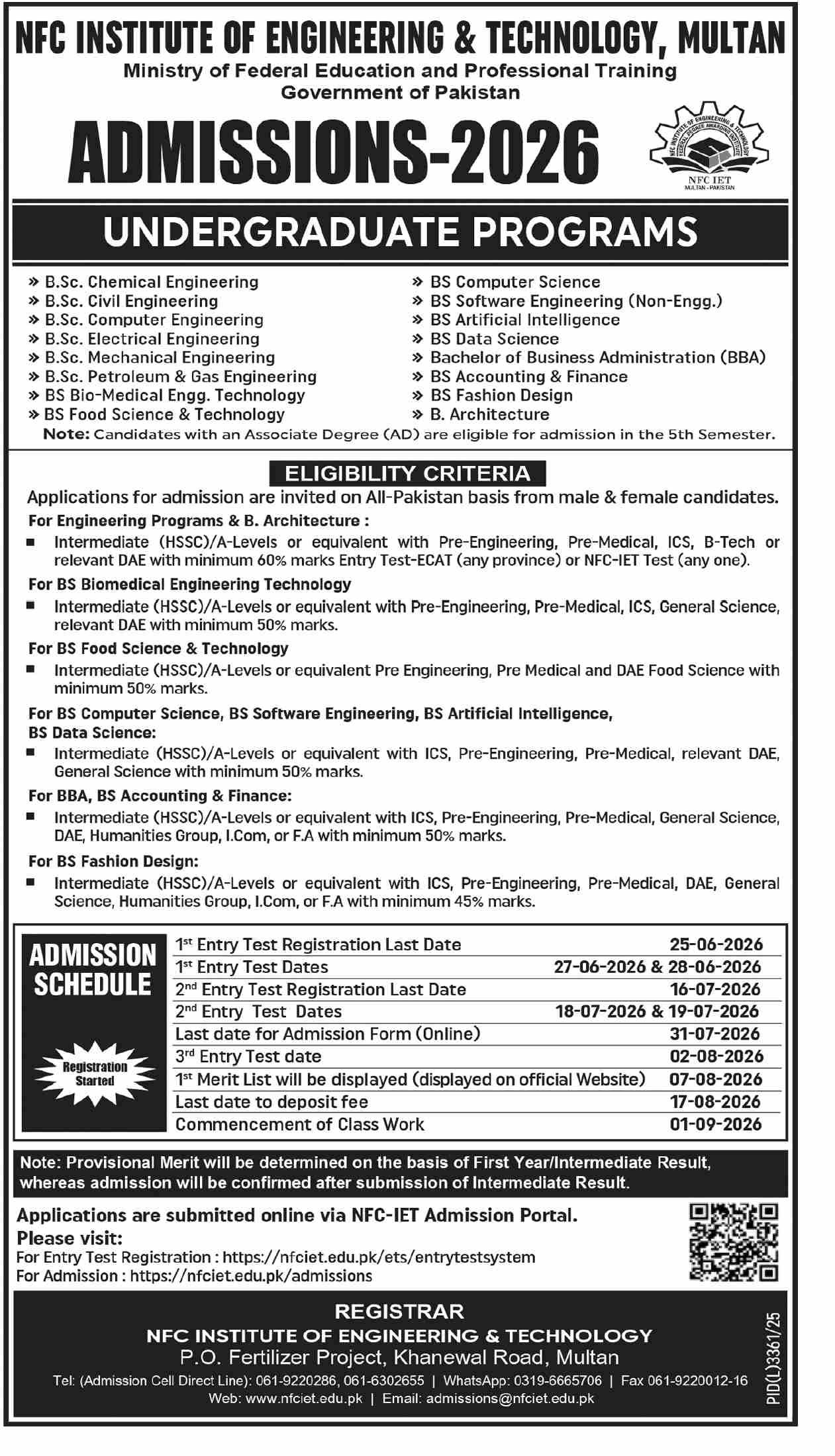 Admission Open in Nfc Institute of Engineering and Technolgy — original advertisement