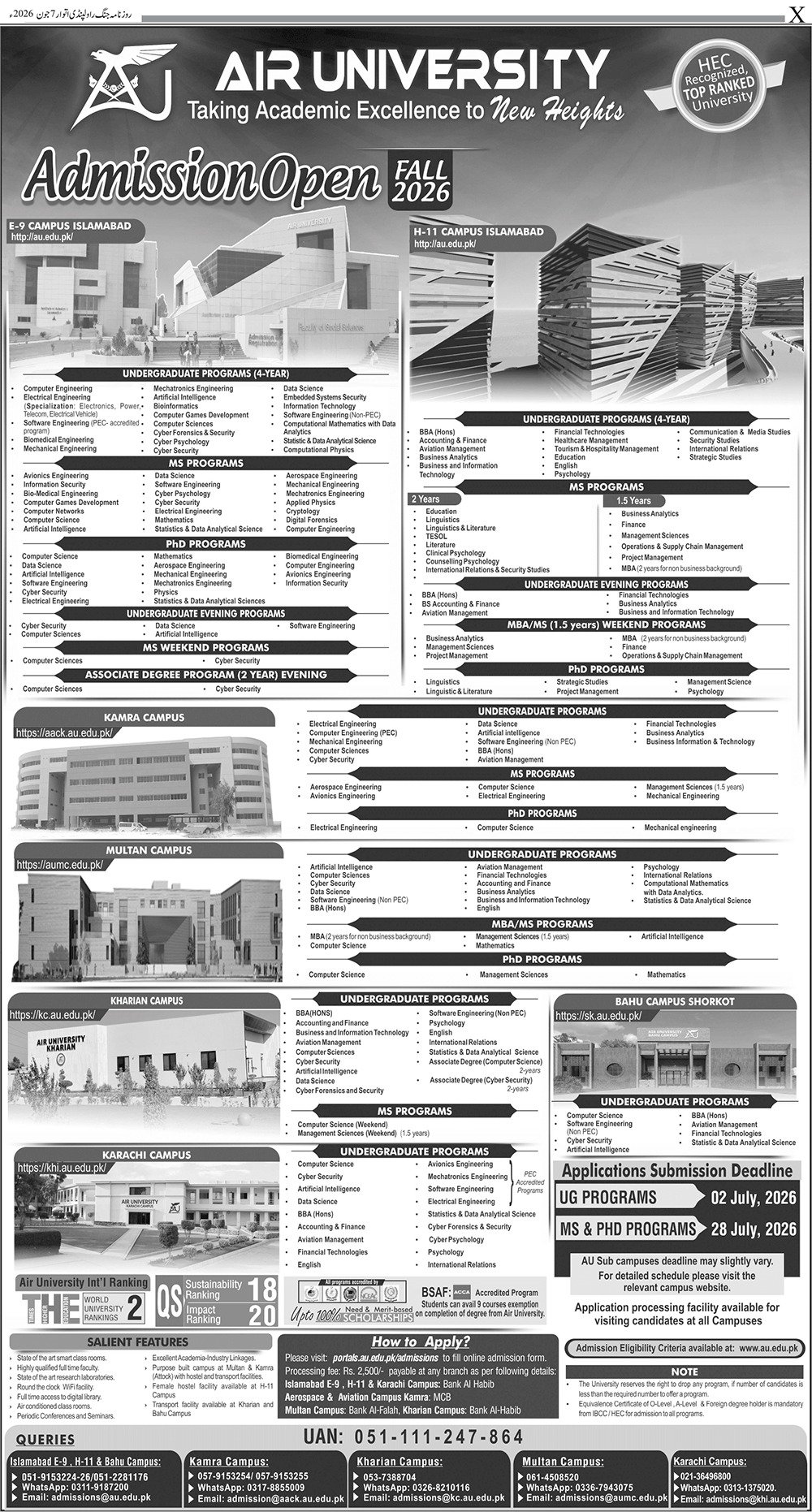Admission Open in Air University Islamabad Campus 2026 — original advertisement