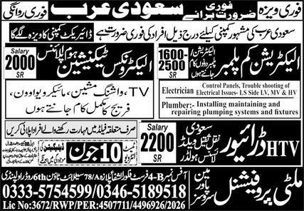 Electrician cum Plumber and Electronics Home Appliances Jobs — original advertisement