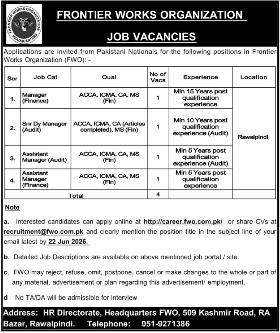 Frontier Works Organization FWO Jobs 2026 — original advertisement