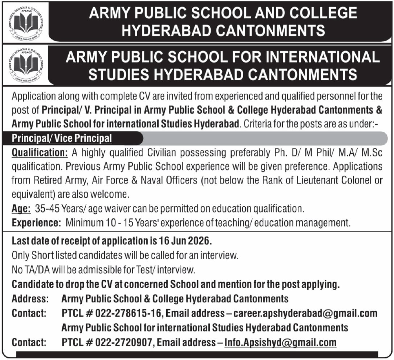 Army Public School & College APS&C Jobs 2026 — original advertisement