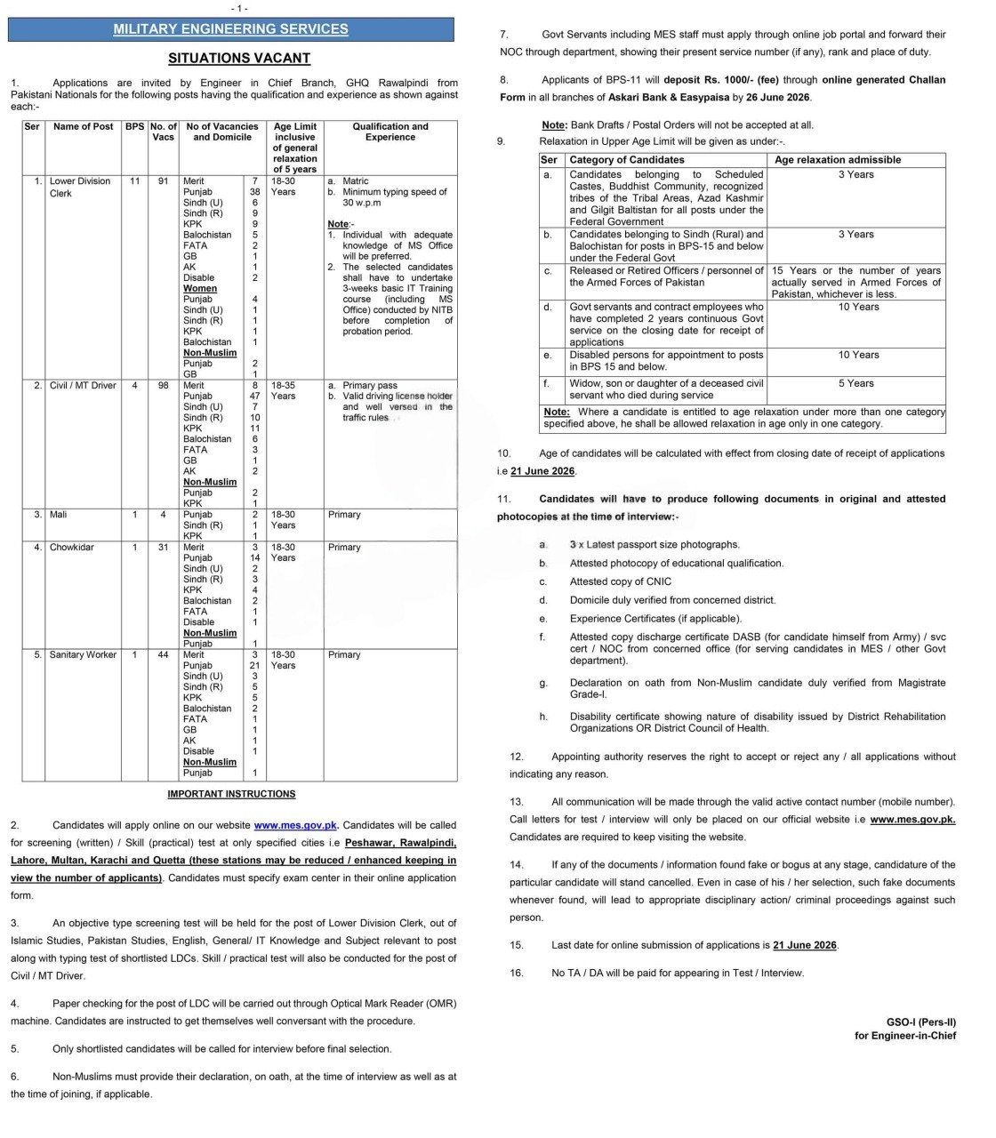 Military Engineering Services MES Pakistan Jobs 2026 — original advertisement