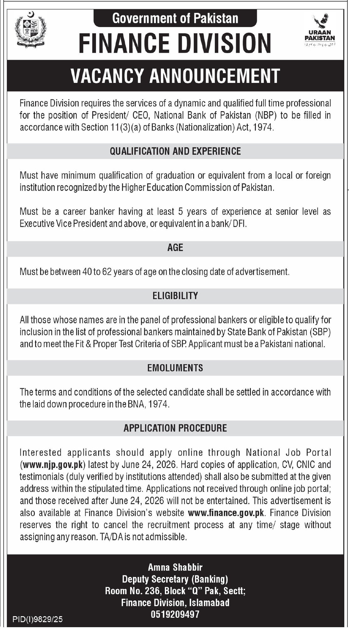 Finance Division Islamabad Job 2026 — original advertisement