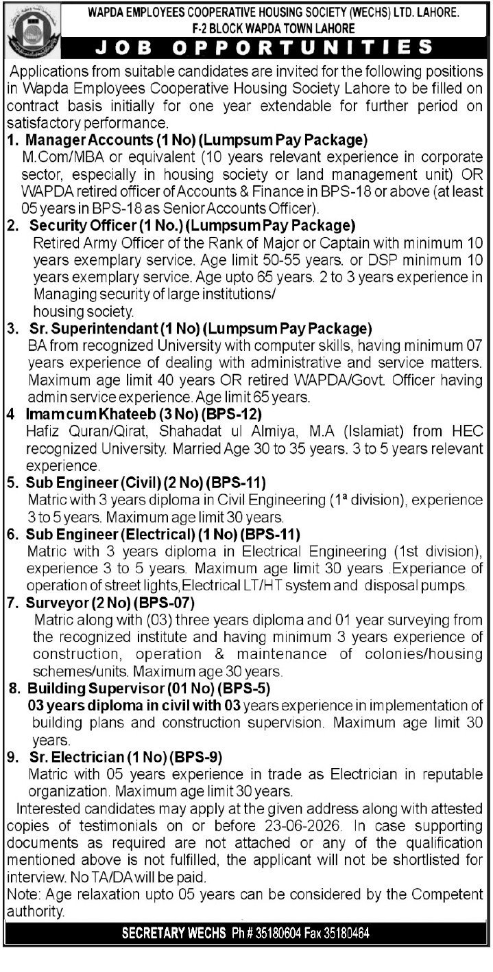 Wapda Employees Cooperative Housing Society WECH Jobs 2026 — original advertisement