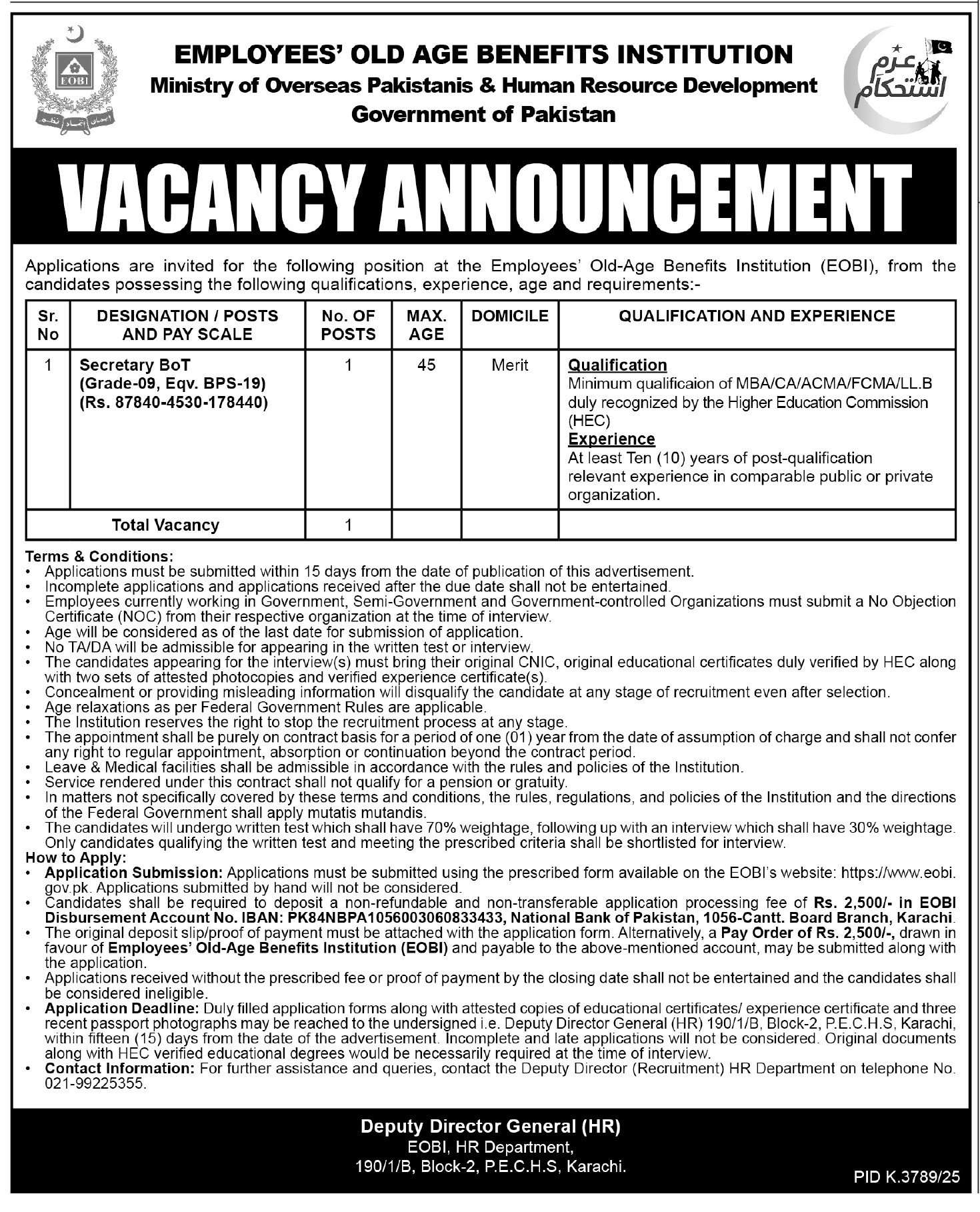 Ministry of Overseas Pakistanis and HRD Karachi Jobs 2026 — original advertisement