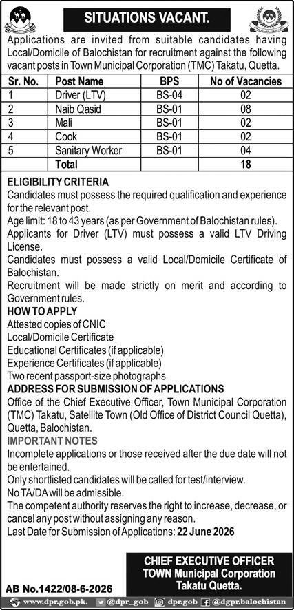 Town Municipal Corporation Takatu Quetta Jobs 2026 — original advertisement