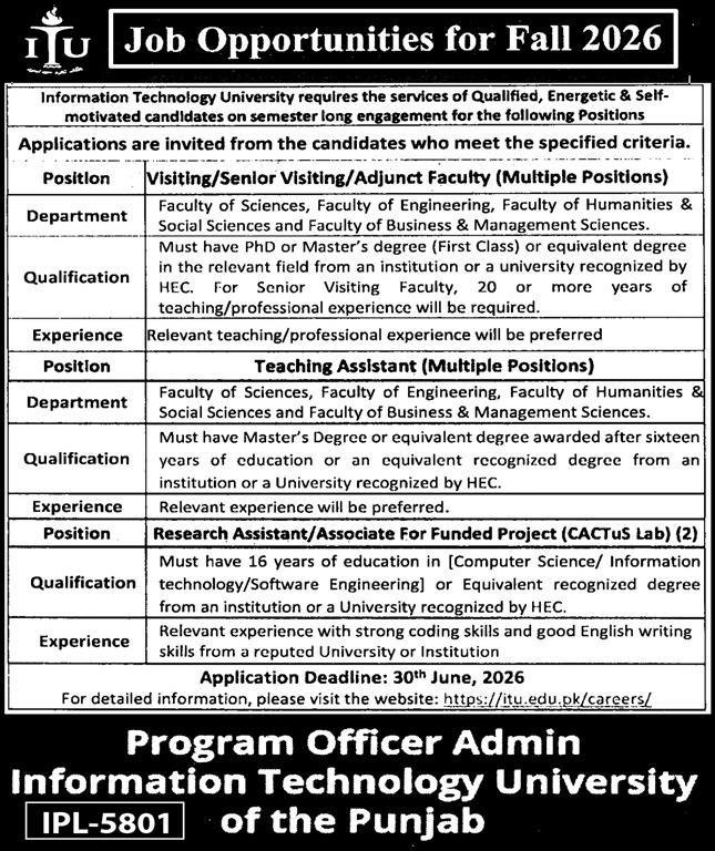 Information Technology University ITU Lahore Jobs 2026 — original advertisement