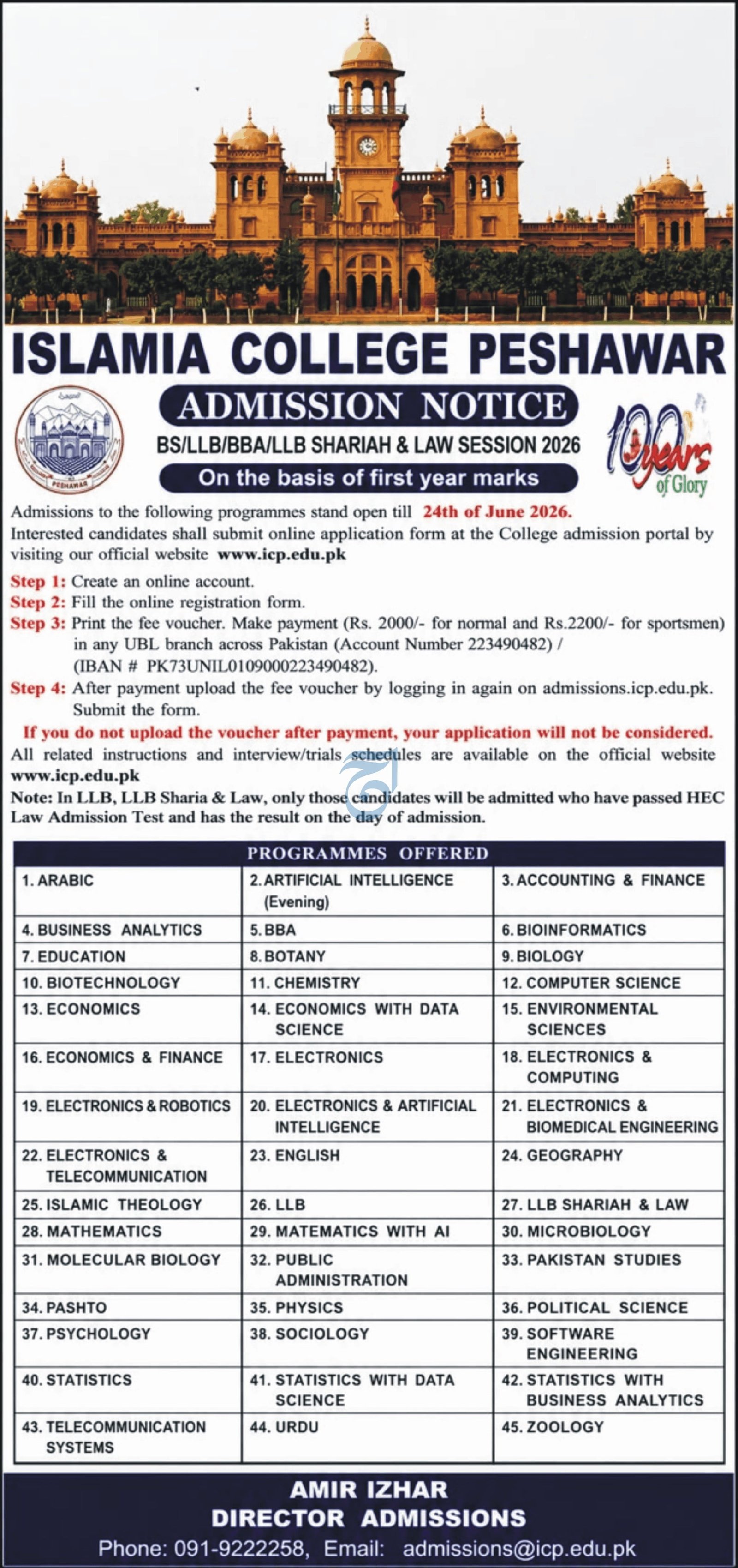 Admission Open in Islamia College Peshawar 2026 — original advertisement