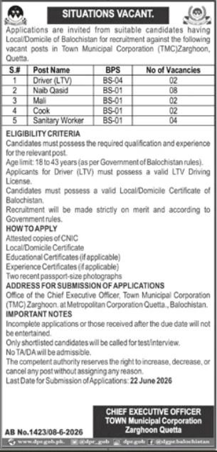 Town Municipal Corporation TMC Zarghoon Quetta Jobs 2026 — original advertisement