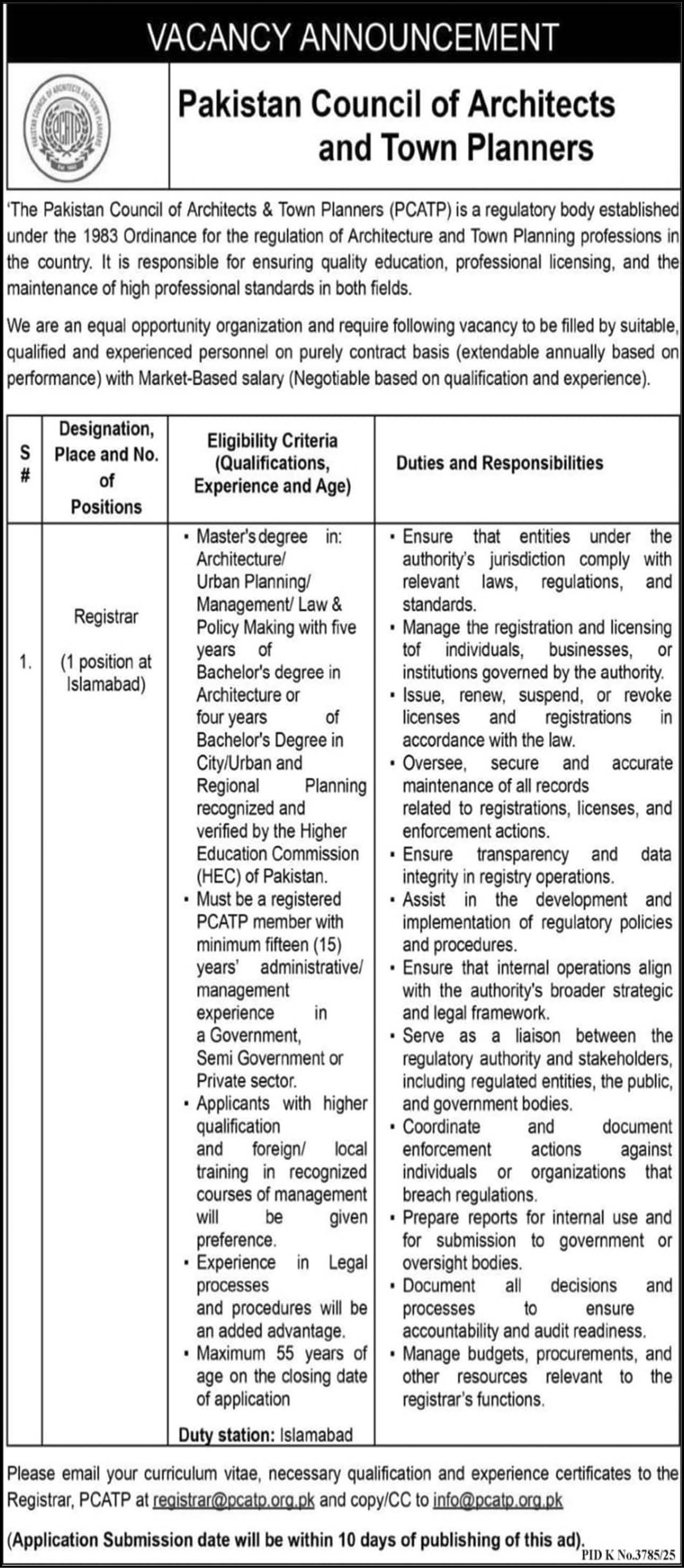 Pakistan Council Of Architects & Town Planners PCATP Job — original advertisement
