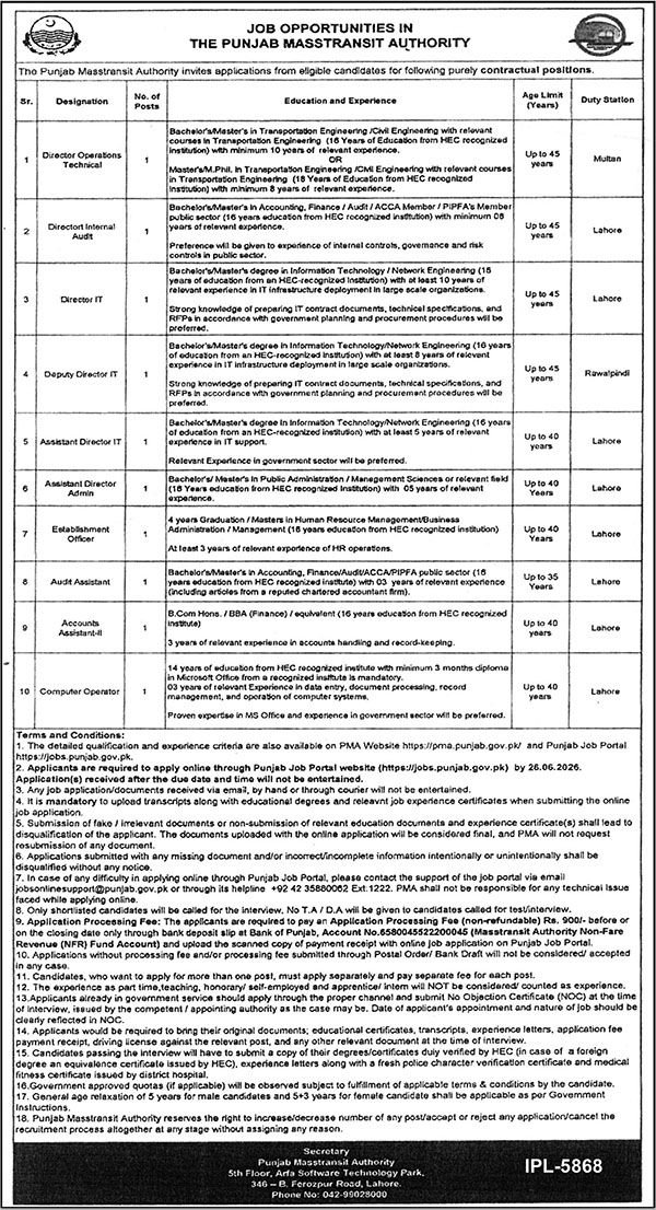 The Punjab Masstransit Authority Lahore Jobs 2026 — original advertisement