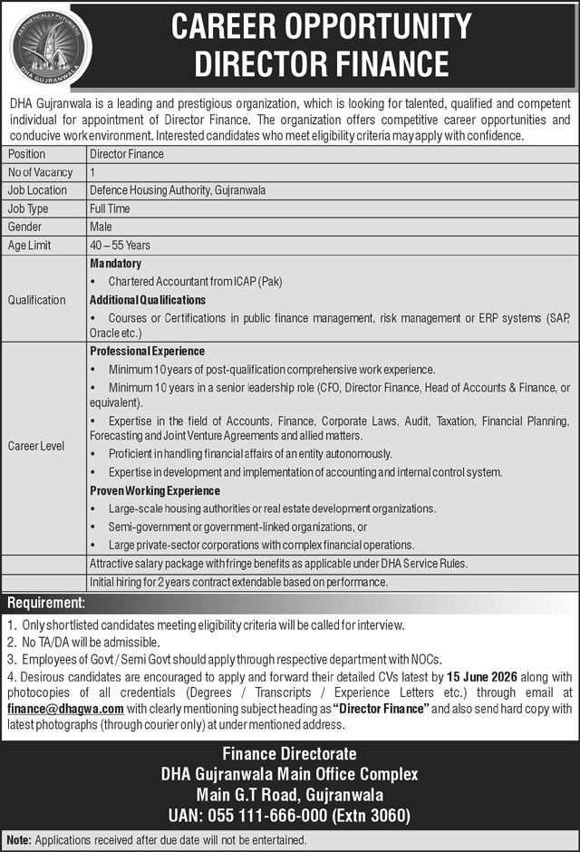 Defence Housing Authority DHA Gujranwala Jobs 2026 — original advertisement