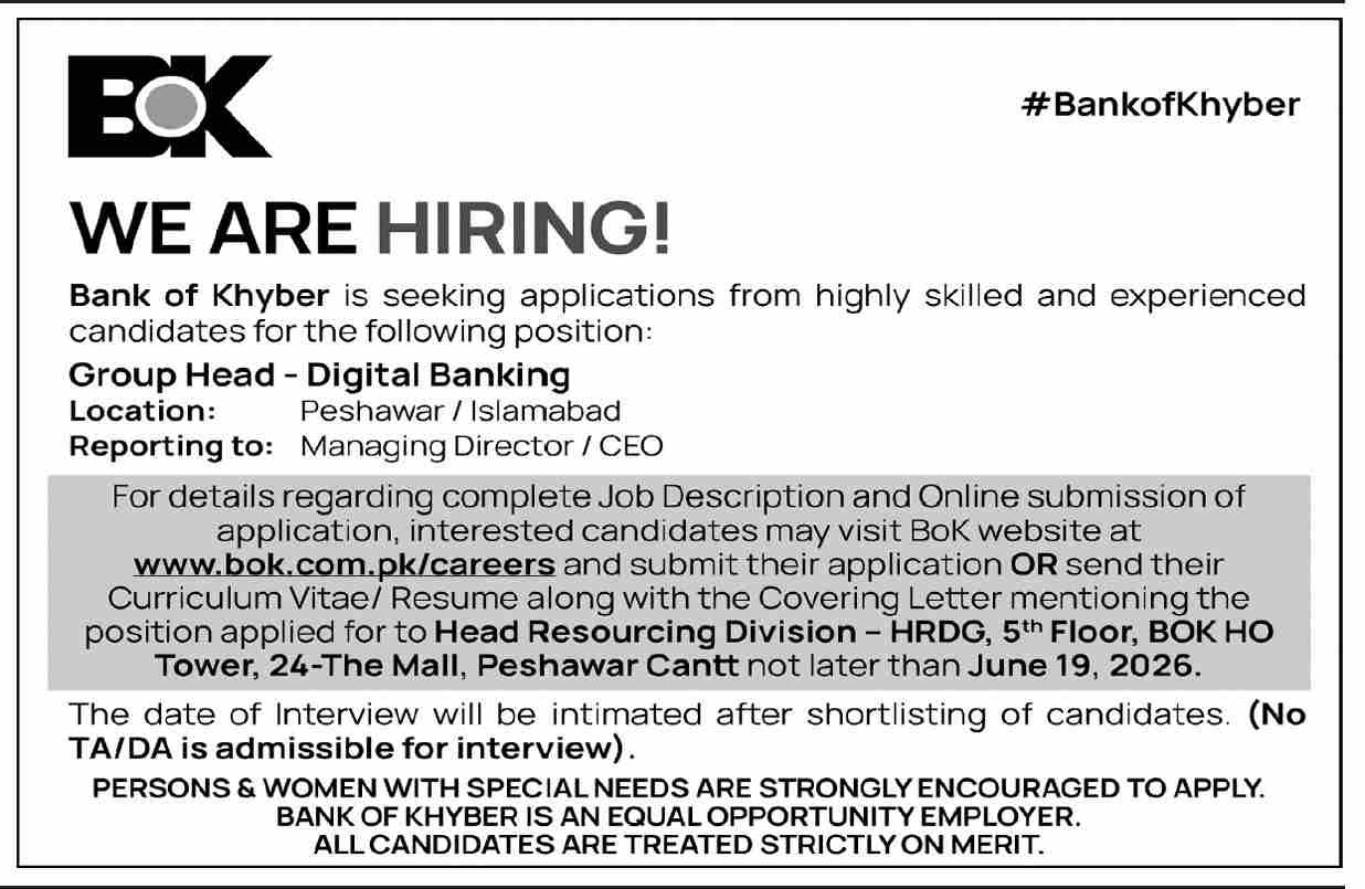 The Bank Of Khyber BOK Peshawar Cantt Job 2026 — original advertisement