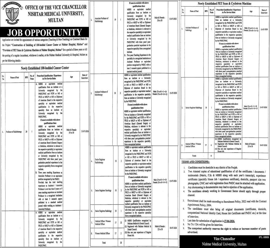 Nishtar Medical University NMU Multan Jobs 2026 — original advertisement