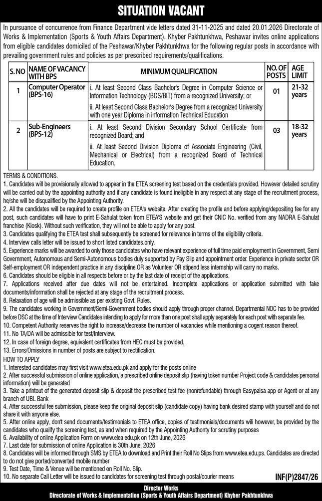 Sports & Youth Affairs Department Jobs 2026 For Sub Engineer — original advertisement