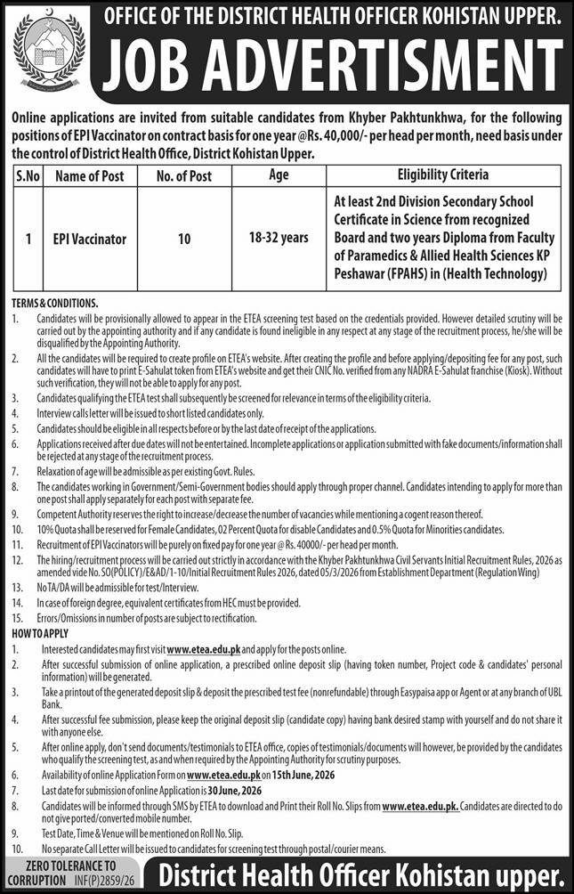 District Health Officer DHO Kohistan Upper Jobs 2026 — original advertisement