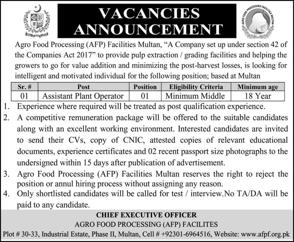 Agro Food Processing (AFP) Facilities Multan Jobs 2026 — original advertisement