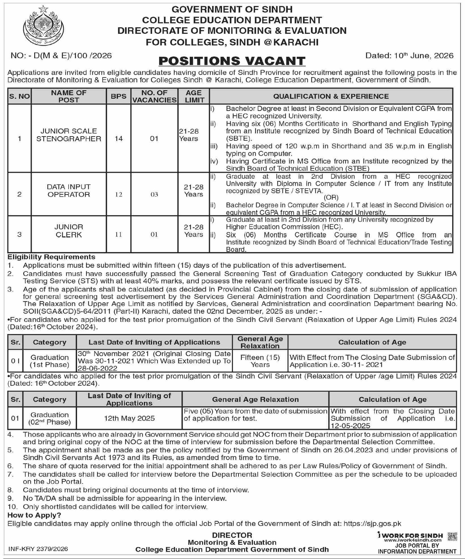 Directorate Of Monitoring & Evaluation For Colleges Jobs — original advertisement