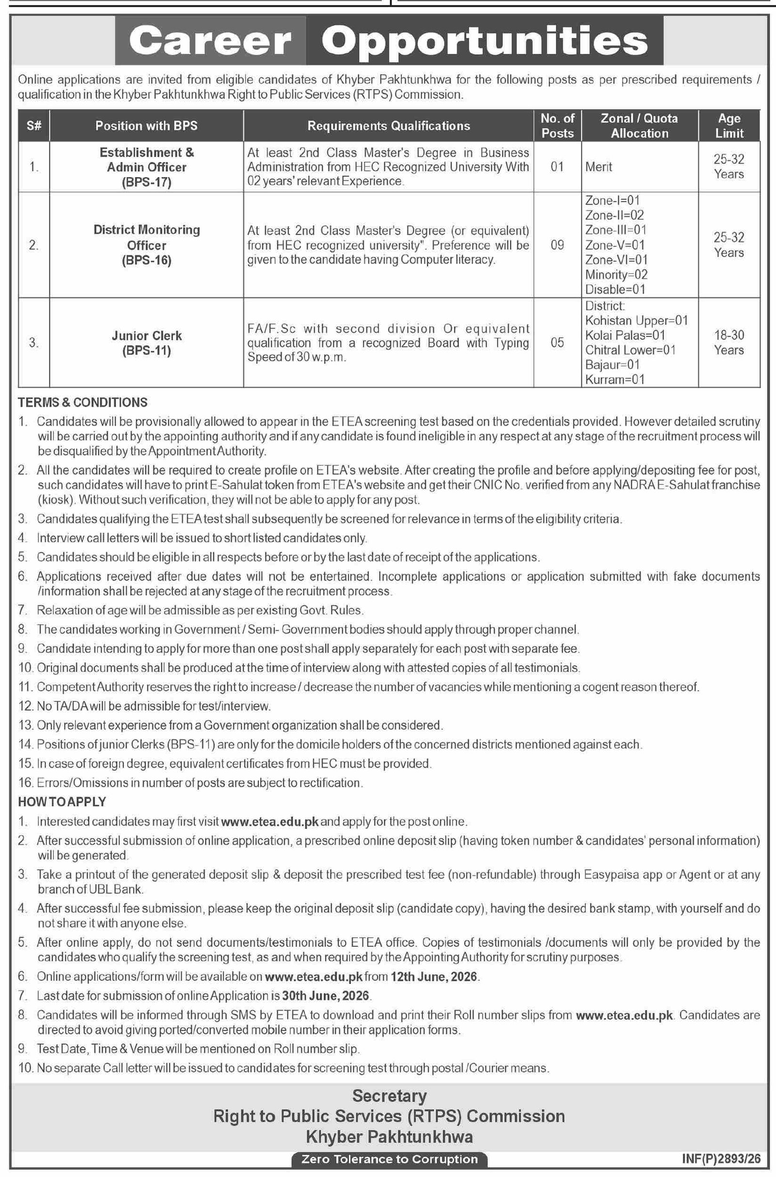 Right To Public Services Commission RTPS Jobs 2026 — original advertisement