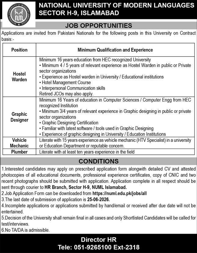 National University of Modern Languages (NUML) Jobs 2026 — original advertisement