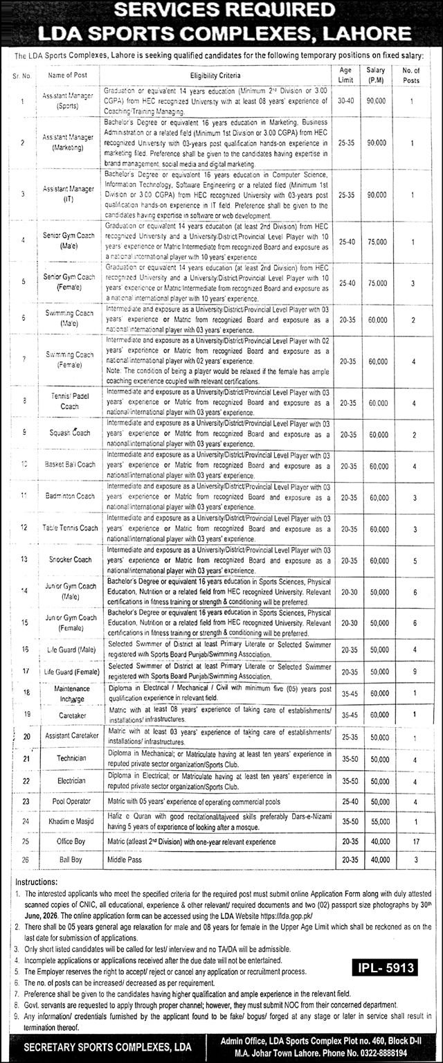 LDA Sports Complex Lahore Jobs 2026 — original advertisement