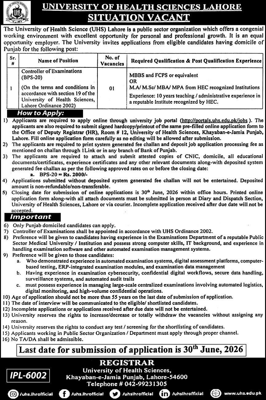 University Of Health Sciences Lahore Job 2026 — original advertisement