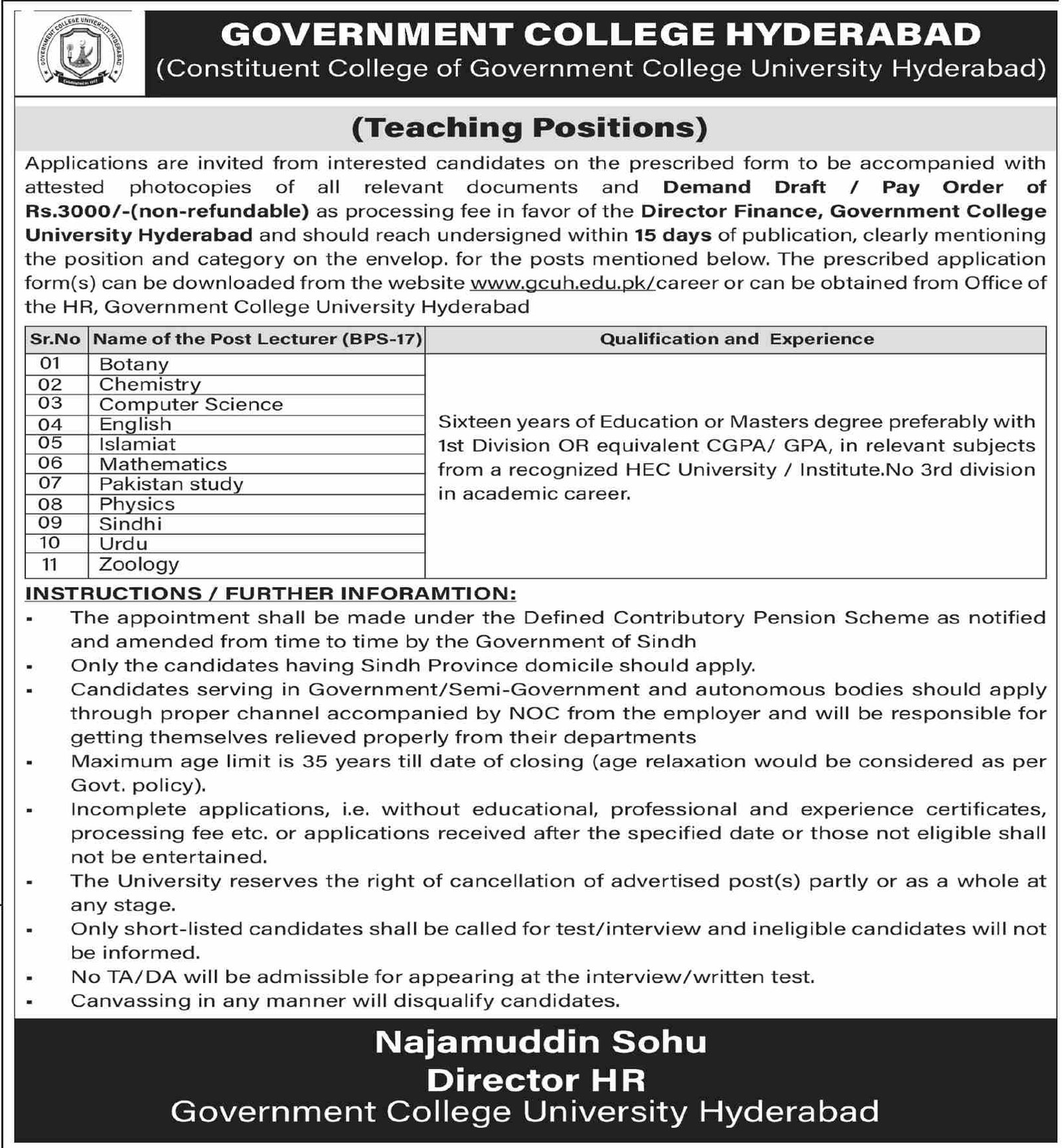 Government College University Hyderabad Jobs 2026 — original advertisement