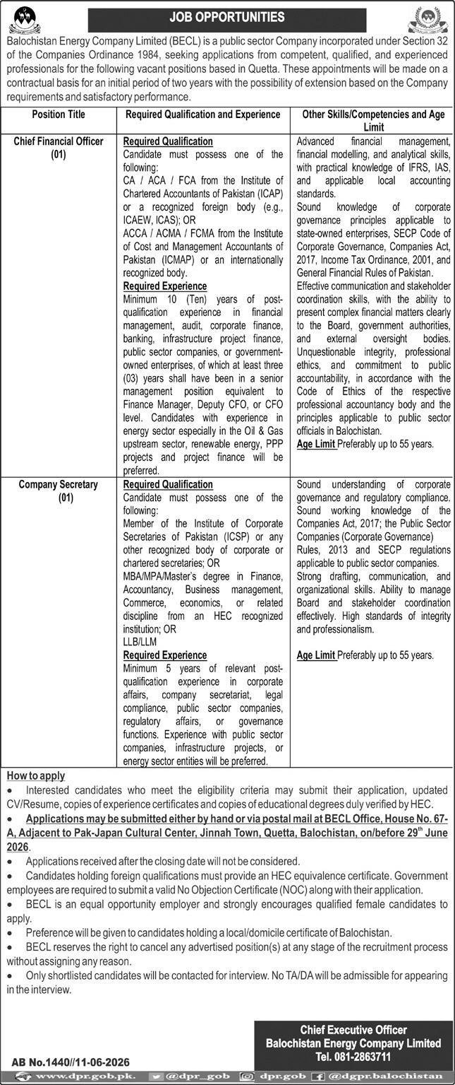 Balochistan Energy Company Limited BECL Jobs 2026 — original advertisement