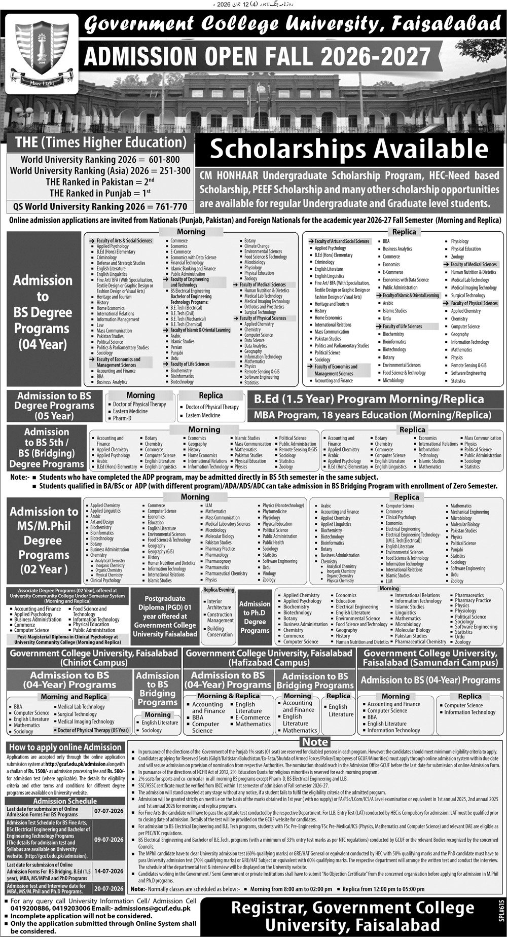 Admission Open in Government College University Faisalabad — original advertisement