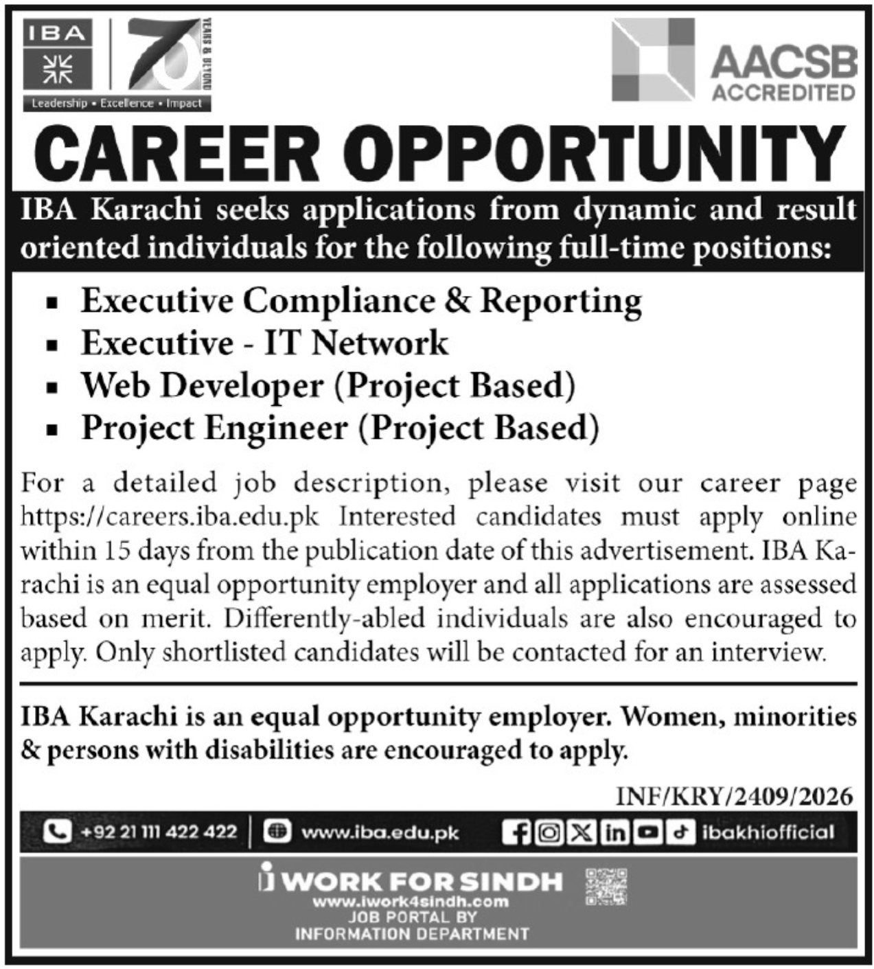 Institute Of Business Administration IBA Karachi Jobs 2026 — original advertisement