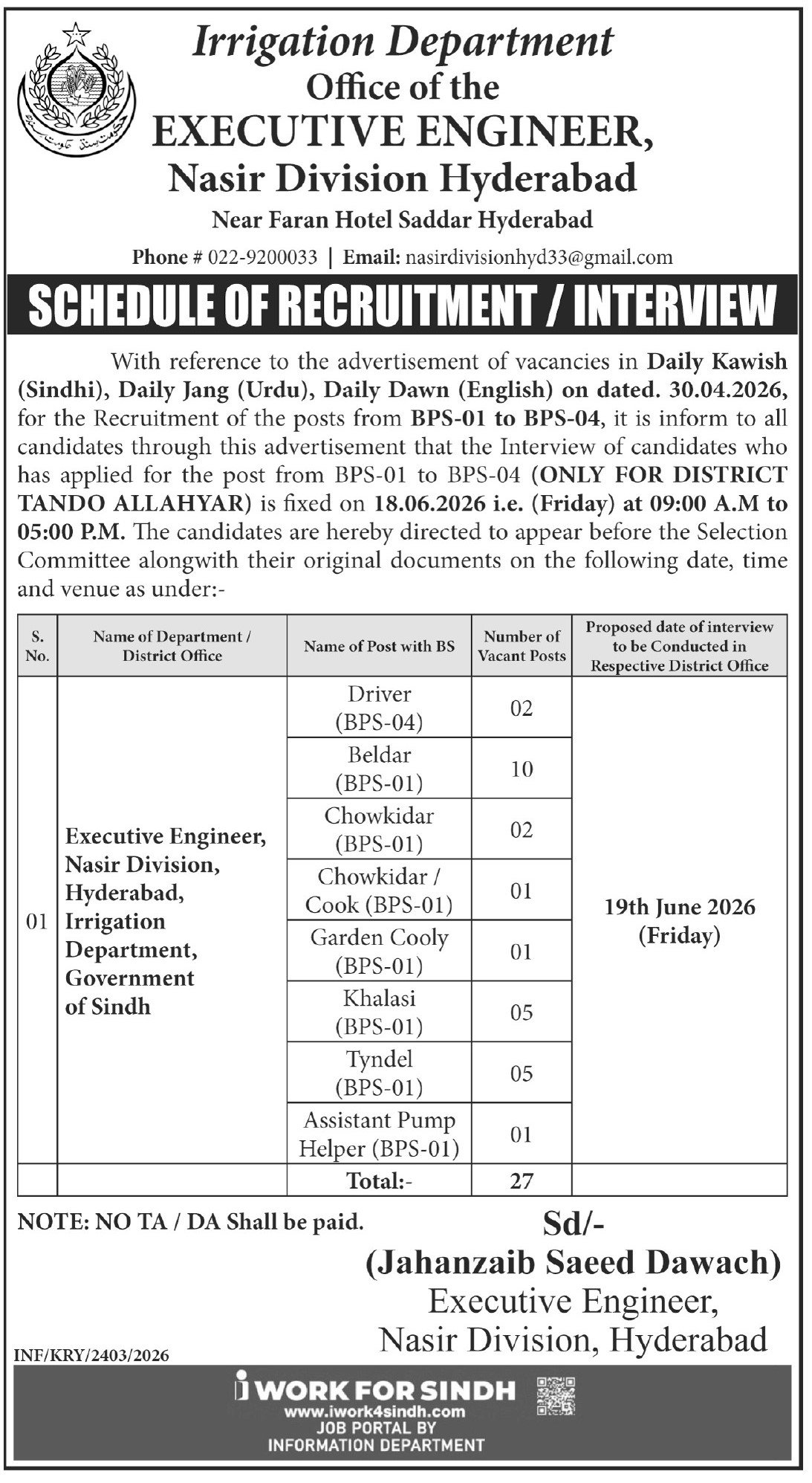 Irrigation Department Nasir Division Hyderabad Jobs 2026 — original advertisement