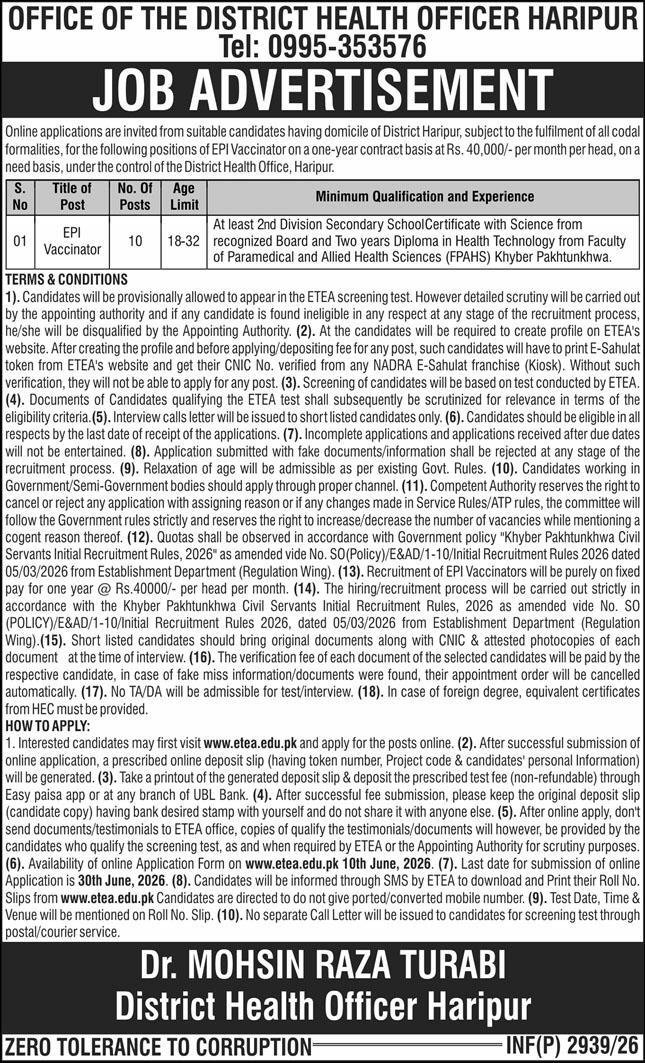 District Health Officer DHO Haripur Jobs 2026 — original advertisement