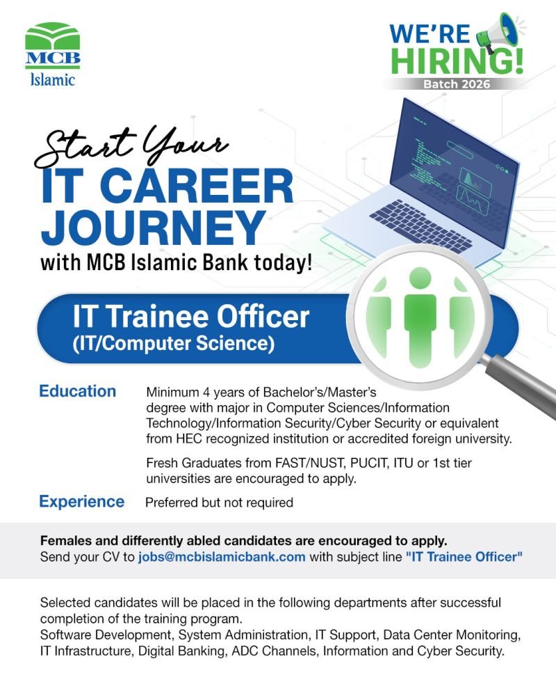 MCB Islamic Bank IT Trainee Officer Jobs 2026 — original advertisement