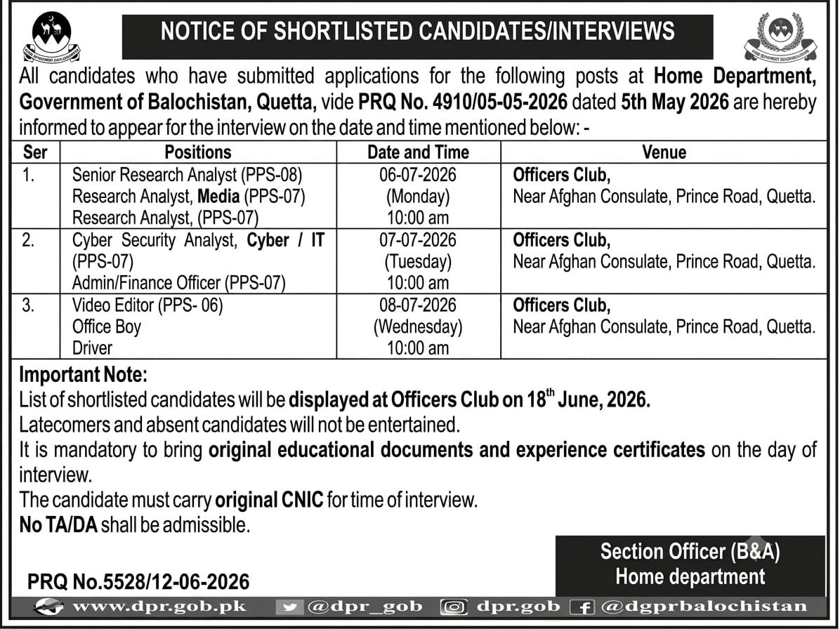Home Department Balochistan Jobs Interview 2026 — original advertisement