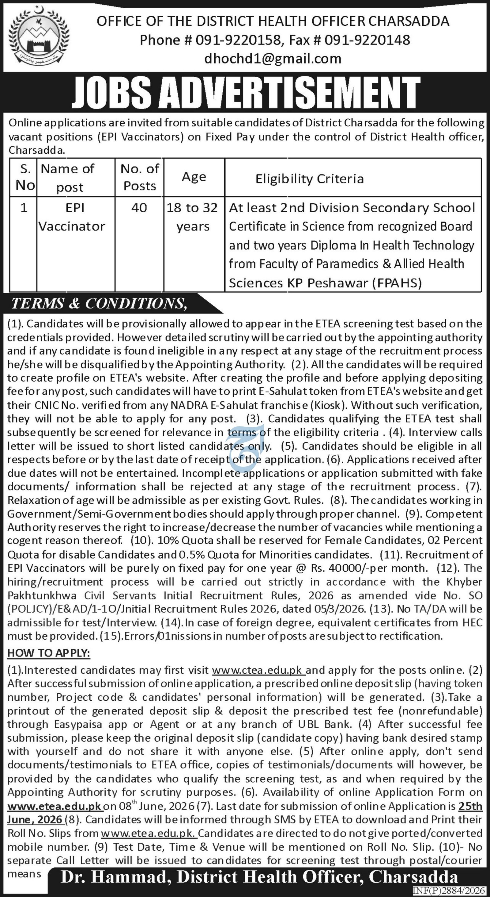 District Health Officer DHO Charsadda Jobs 2026 — original advertisement