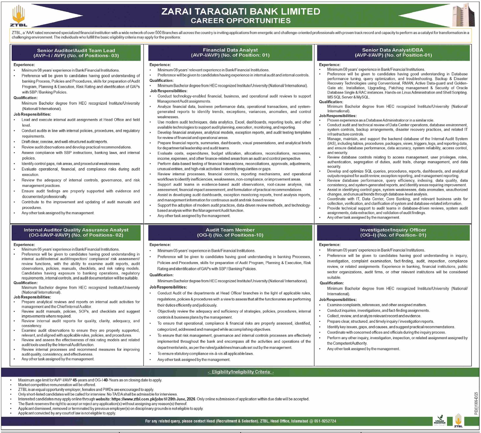 Zarai Taraqiati Bank Limited Jobs 2026 — original advertisement