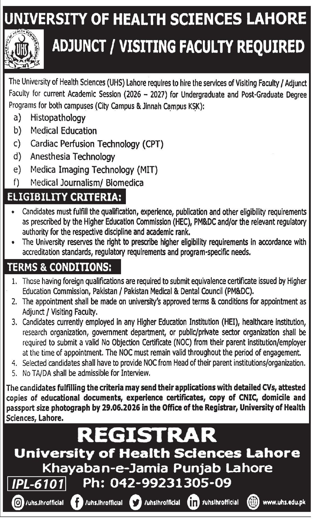 University Of Health Sciences Lahore Jobs 2026 — original advertisement