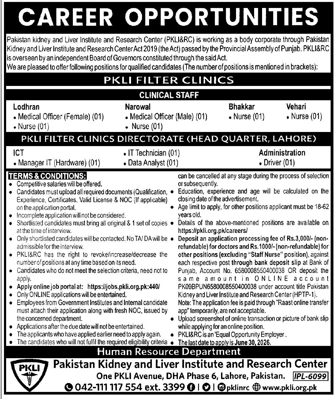 Pakistan Kidney And Liver Institute Lahore Jobs — original advertisement